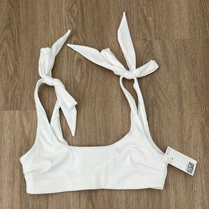 H&M White Ribbed Tie Shoulder Bikini Top
